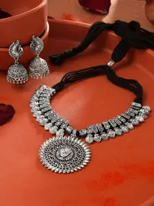Yellow Chimes Silver Oxidised Dori Thread Antique Durga Traditional Necklace Set