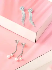 Yellow Chimes Set Of 2 Silver-Plated & White Pearl Contemporary Drop Earrings