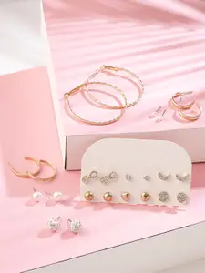 Yellow Chimes Women Set of 9 Gold-Toned Pearl Stud Big Hoop Earring