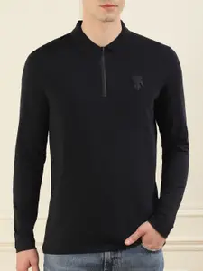 Karl Lagerfeld Men Black Solid Cotton Polo Collar T-shirt