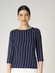 The Label Bar Women Blue Striped Round Neck Crepe Top