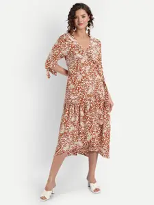 MINGLAY Women Brown & Cream-Colored Floral A-Line Midi Dress
