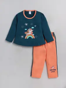 Nottie Planet Girls Teal Green & Orange Printed Pure Cotton Top with Trouser