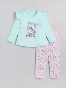Nottie Planet Girls Green & Pink Printed Pure Cotton Top with Trousers