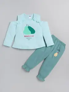 Nottie Planet Girls Sea Green Printed Top with Pyjamas