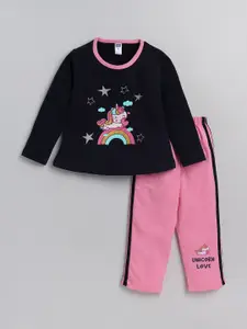 Nottie Planet Girls Navy Blue & Pink Printed Top With Pyjamas