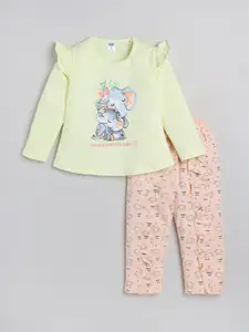 Nottie Planet Girls Yellow & Peach-Coloured Printed Cotton Top with Pyjamas