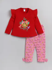 Nottie Planet Girls Red & Pink Cotton Printed Top with Pyjamas