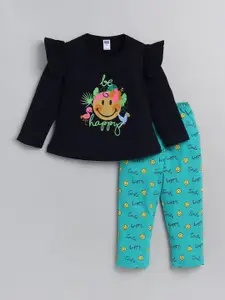 Nottie Planet Girls Navy Blue & Yellow Printed Cotton Top with Pyjamas