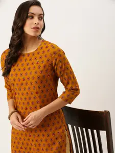 SHOWOFF Women Mustard Yellow Floral Printed Cotton Kurta