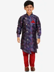 Pro-Ethic STYLE DEVELOPER Boys Navy Blue Floral Printed Angrakha Pure Silk Kurta with Pyjamas