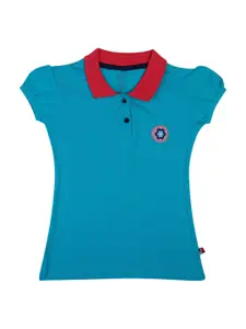 Bodycare Kids Girls Blue Polo Collar Puff Sleeves Applique T-shirt