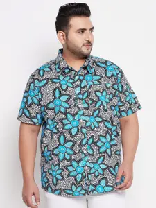 bigbanana Plus Size Men Blue Comfort Floral Printed Cotton Casual Shirt