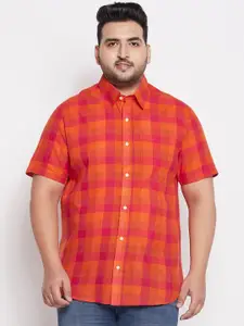 bigbanana Men Plus Size Orange Comfort Buffalo Checks Checked Pure Cotton Casual Shirt