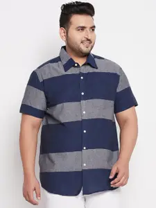 bigbanana Plus Size Men Navy Blue Cotton Comfort Horizontal Stripes Casual Shirt
