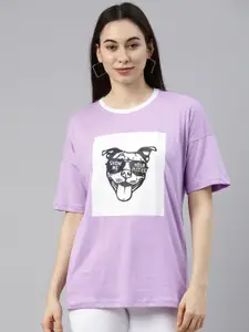 JUNEBERRY Women Purple Printed Drop-Shoulder Sleeves Loose T-shirt
