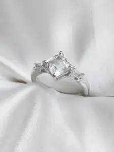 HIFLYER JEWELS Sterling Silver Rhodium-Plated White Stone Studded Finger Ring
