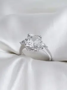 HIFLYER JEWELS 92.5 Sterling Silver Rhodium-Plated White Topaz Gemstone Stone Studded Finger Ring