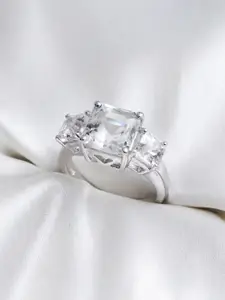 HIFLYER JEWELS Sterling Silver Rhodium-Plated White Stone Studded Finger Ring