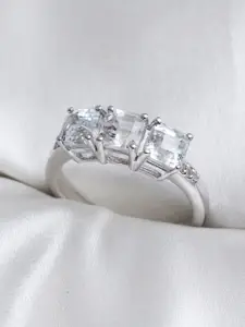 HIFLYER JEWELS Women Rhodium-Plated Silver-Toned & Topaz Stone Studded Finger Ring