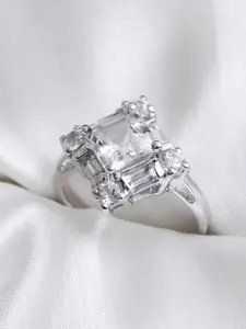 HIFLYER JEWELS Rhodium-Plated Silver-Toned & Topaz Stone Studded Finger Ring