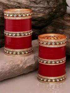 LUCKY JEWELLERY Maroon & White CZ Studded Bangles Set