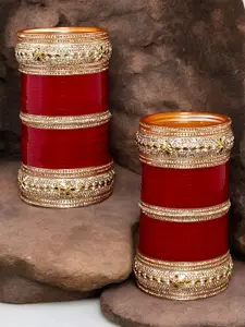 LUCKY JEWELLERY Maroon Red & CZ Studded Bangles Set