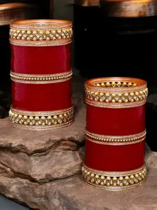 LUCKY JEWELLERY Maroon Gold-Plated Kundan-Studded Chuda Bangle Set