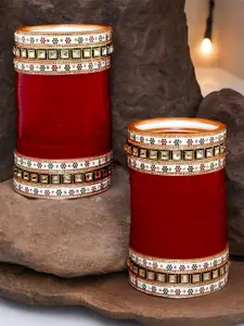 LUCKY JEWELLERY Maroon Red & White CZ Studded Bangles Set
