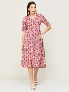 Colour Me by Melange Red & Cream-Coloured Floral Printed A-Line Midi Dress
