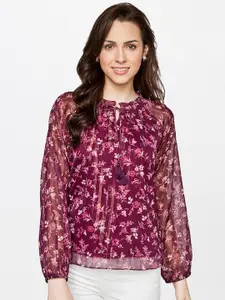 AND Women Pink Floral Print Tie-Up Neck Blouson Top