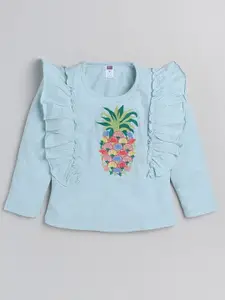 Nottie Planet Blue  Cotton Pineapple Embroidered Ruffles Top