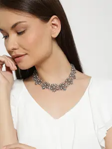 Shining Diva Fashion Oxidised Silver-Toned Stone-Studded Collar Necklace