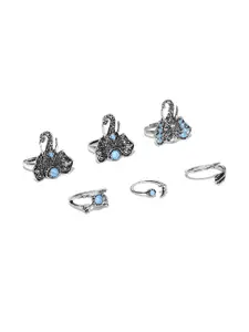 Shining Diva Fashion Set of 6 Oxidised Silver-Toned  Turquoise Blue Rings