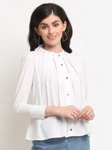 La Zoire White Jewel Neck Georgette Shirt Style Top
