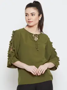 La Zoire Olive Green Tie-Up Neck Fringed Top