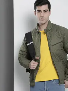 The Indian Garage Co Men Olive Stand Collar Green Quilted Jacket