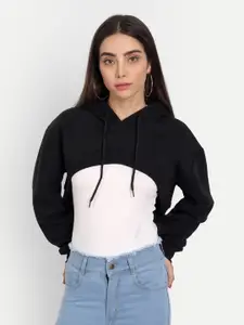 COLOR CAPITAL Women Black Hooded Crop Sweatshirt