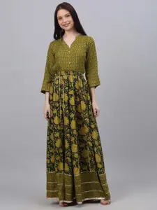 KALINI Women Green Floral Pleated Kurta with Skirt