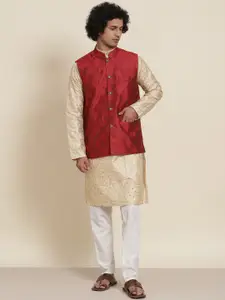 SOJANYA Men Gold-Toned Floral Sequinned Kurta with Pyjamas & Nehru Jacket