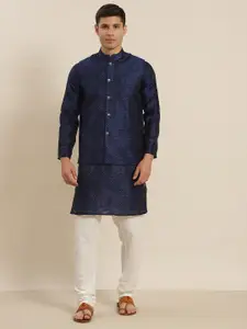 SOJANYA Men Navy Blue & Off-White Kurta with Churidar & Nehru Jacket