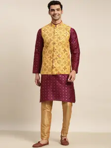 SOJANYA Men Purple Woven Design Kurta & Churidar Comes With a Nehru Jacket