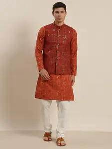 SOJANYA Men Orange Printed Kurta with Pyjamas & Nehru Jacket