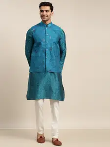 SOJANYA Men Blue Ethnic Motifs Woven Design Kurta & Trousers With a Nehru Jacket