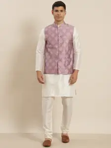 SOJANYA Men White Kurta with Churidar & Nehru Jacket