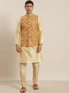 SOJANYA Men Golden Kurta with Churidar & Nehru Jacket
