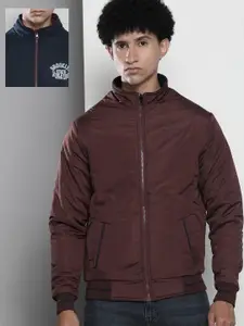 The Indian Garage Co Men Coffee Brown & Navy Blue Reversible Bomber Jacket