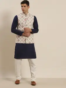 SOJANYA Men Navy Blue Printed Pure Cotton Kurta with Pyjamas & Nehru Jacket