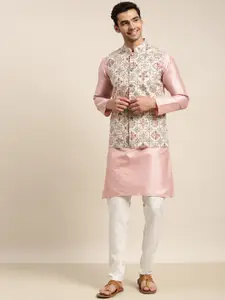 SOJANYA Men Pink Solid Kurta & Churidar Comes With a Nehru Jacket