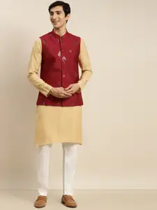 SOJANYA Men Gold-Toned Mirror Work Pure Cotton Kurta with Churidar & Nehru Jacket